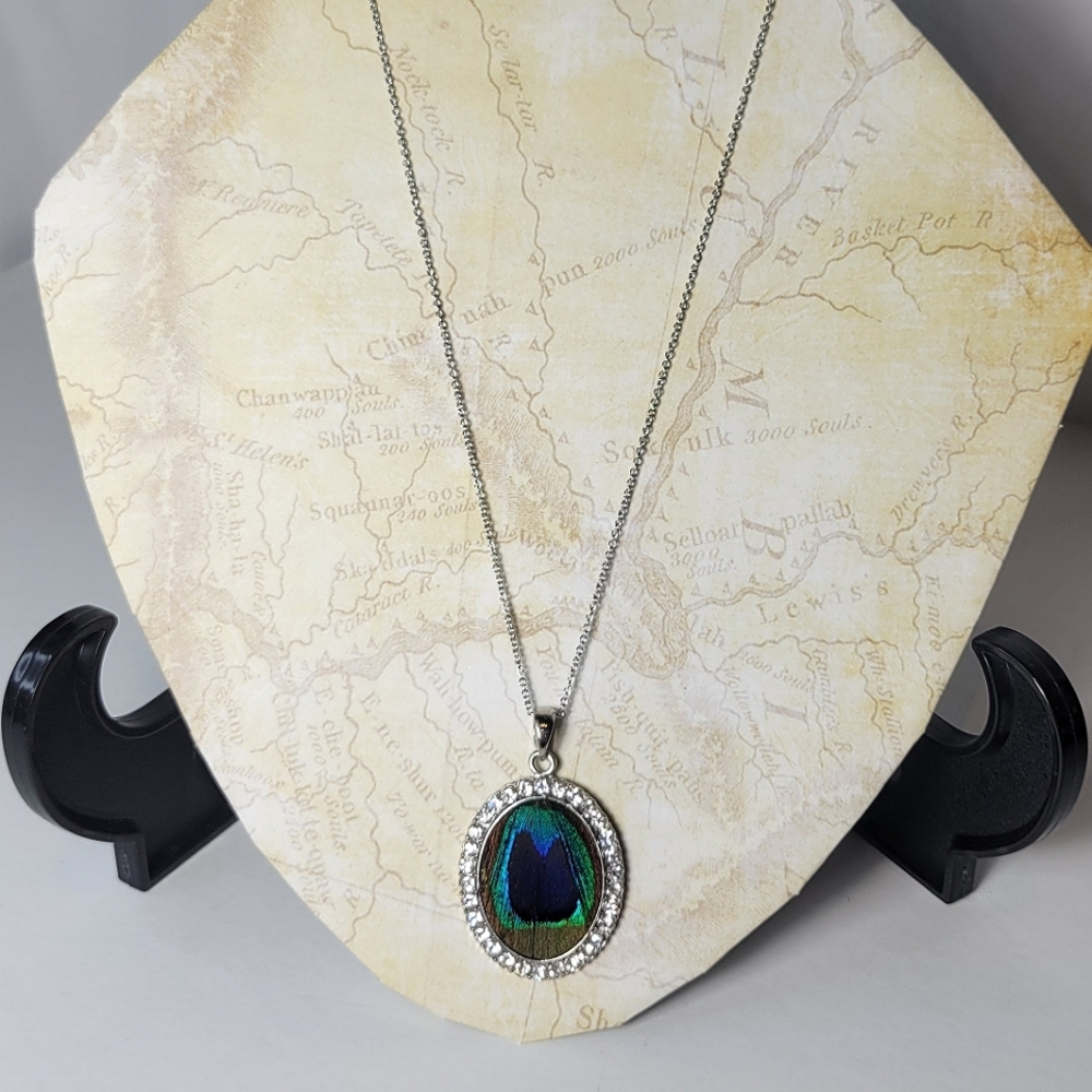 Peacock feather pendant on silvertone chain